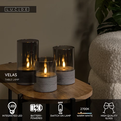 Lucide VELAS - Table lamp - Batteries - Ø 8 cm - LED - 3x0,2W 2700K - Smoke Grey - Set of 3 - USP